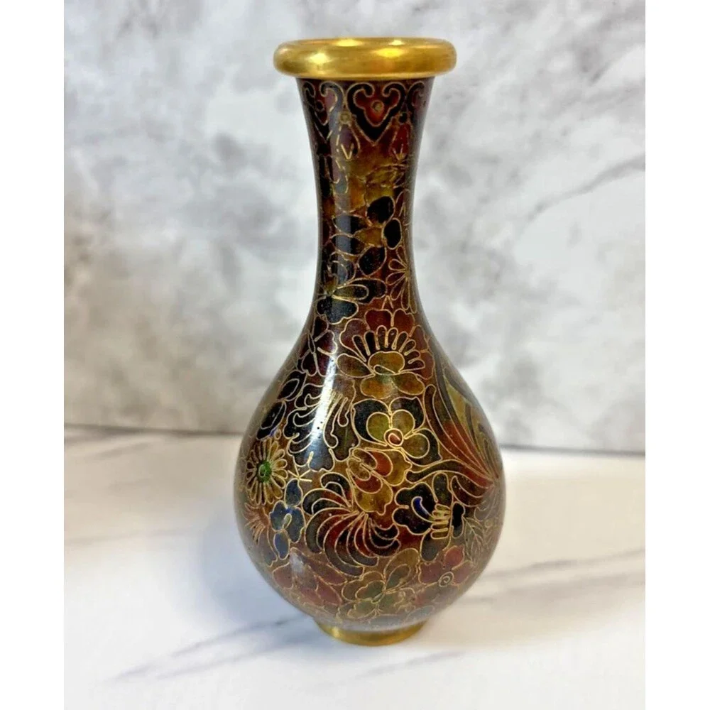 Cloisonné vase brown, burgundy, black floral 4